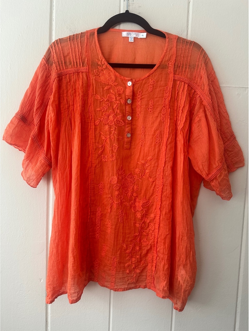 Kyla Seo Kelo Embroidered Pleated Shoulder Boho Lagenlook Peasant Top Blouse XL